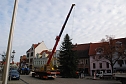 Dank breiter Gurte konnte der Baum vom Kran ohne Besch&auml;digungen aufgerichtet werden. Noch muss er aber mehrmals auf und nieder gehoben werden, um ihn optimal in die F&uuml;hrung gleiten lassen zu k&ouml;nnen. (Foto: Jochen Miche)