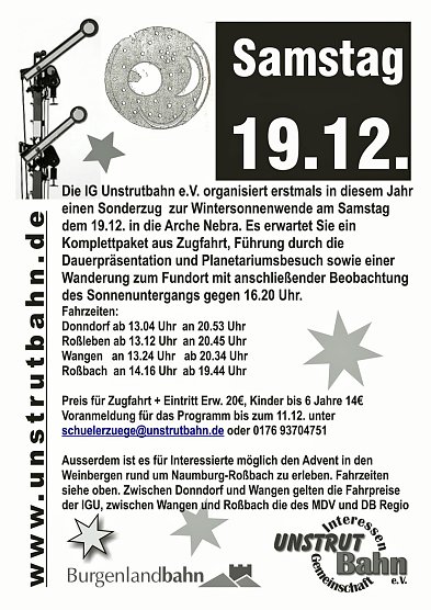 Mit der Bahn zur Wintersonenwende (Foto: IG Unxtrutbahn) Mit der Bahn zur Wintersonenwende (Foto: IG Unxtrutbahn)