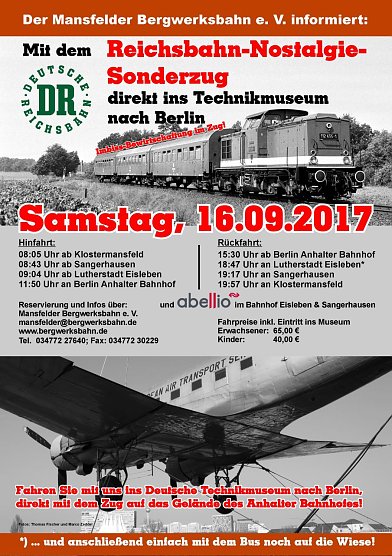 Plakat Sonderzug (Foto: Mansfelder Bergwerksbahn) Plakat Sonderzug (Foto: Mansfelder Bergwerksbahn)