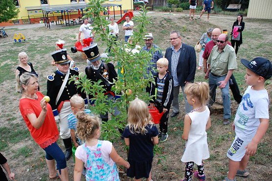 Der vom Pionierbataillon vor zwei Jahren gestiftete Baum (heute f&uuml;nf Jahre alt) tr&auml;gt inzwischen die besten Fr&uuml;chte. Monika Reichert zeigt ein solches Prachtexeplar (Foto: J. Miche)