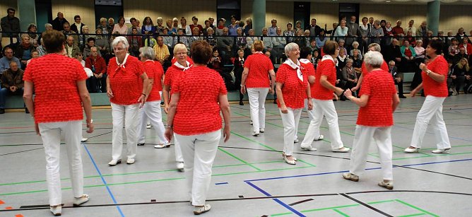 Seniorentanz schafft Kontakte und sorgt f&uuml;r Bewegung. Die Red roses Ladies der Arbeiterwohlfahrt Sangerhausen begeisterten beim Seniorenforum 2015. (Foto: Jochen Miche)
