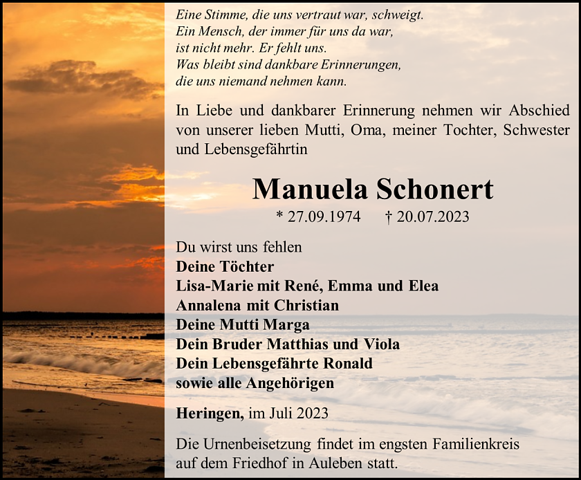 Traueranzeige Manuela Schonert (Foto: Bestattungshaus Eckhard Schade)