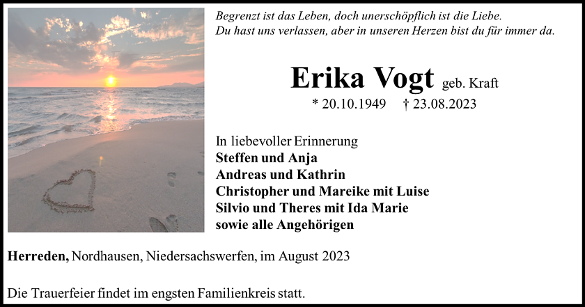 Traueranzeige Erika Vogt (Foto: Bestattungshaus Eckhard Schade)