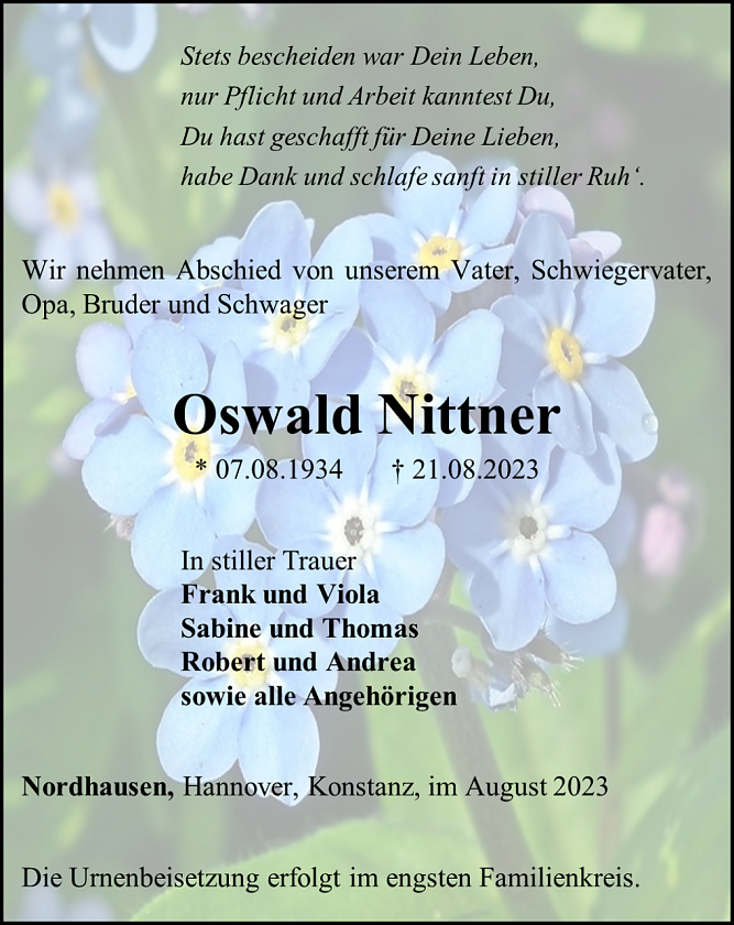 Traueranzeige Oswald Nittner (Foto: Bestattungshaus Eckhard Schade)