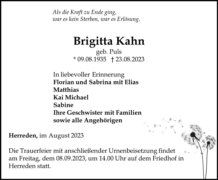 Traueranzeige Brigitta Kahn (Foto: Bestattungshaus Eckhard Schade)