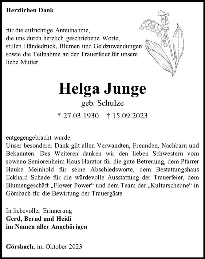 Danksagung Helga Junge (Foto: Bestattungshaus Schade)