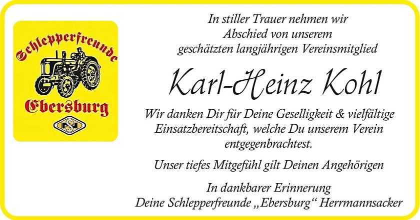 Traueranzeige Herr Karl Heinz Kohl (Foto: Amalia Bestattungen)