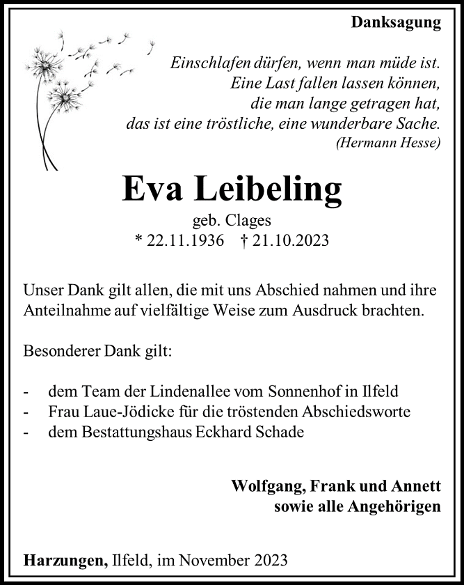 Danksagung (Foto: Bestattungshaus Schade)