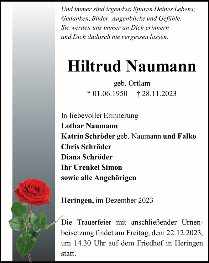 Traueranzeige (Foto: Bestattungshaus Schade)