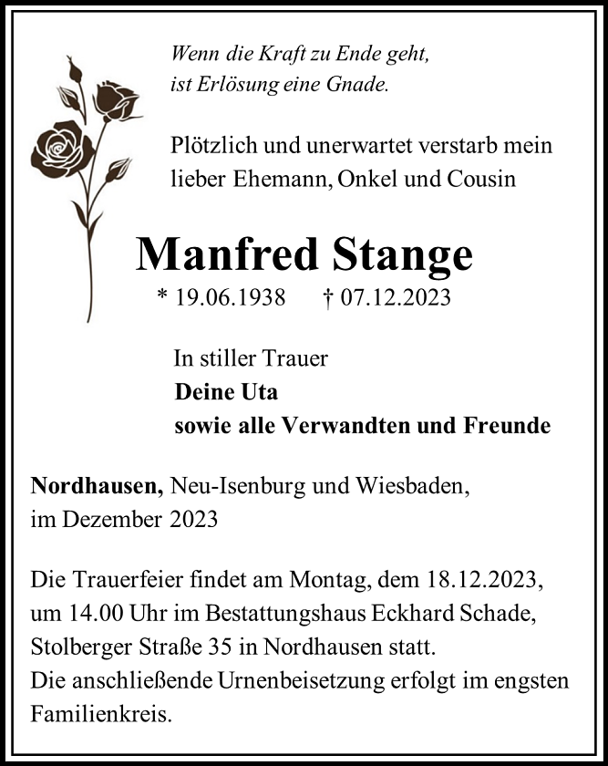 Traueranzeige Manfred Stange (Foto: Bestattungshaus Eckhard Schade)