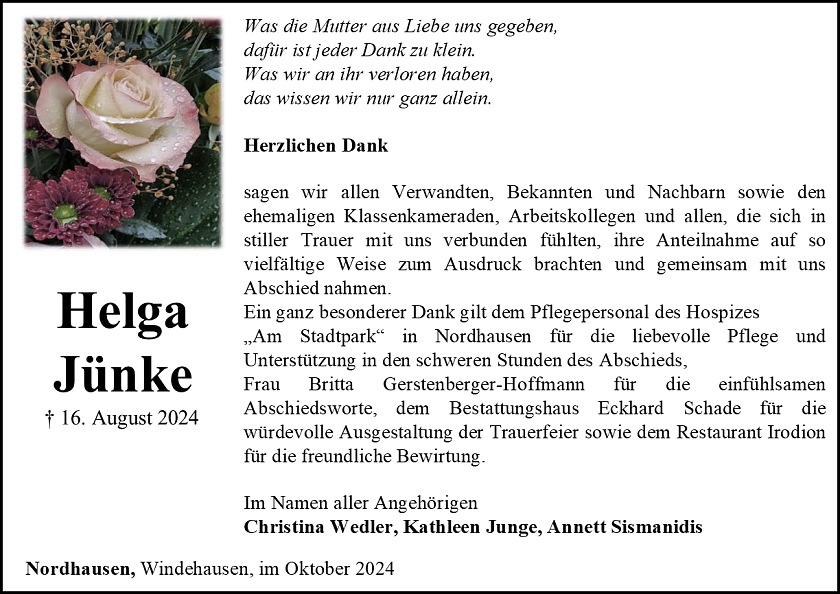 Danksagung (Foto: Bestattungshaus Eckhard Schade)