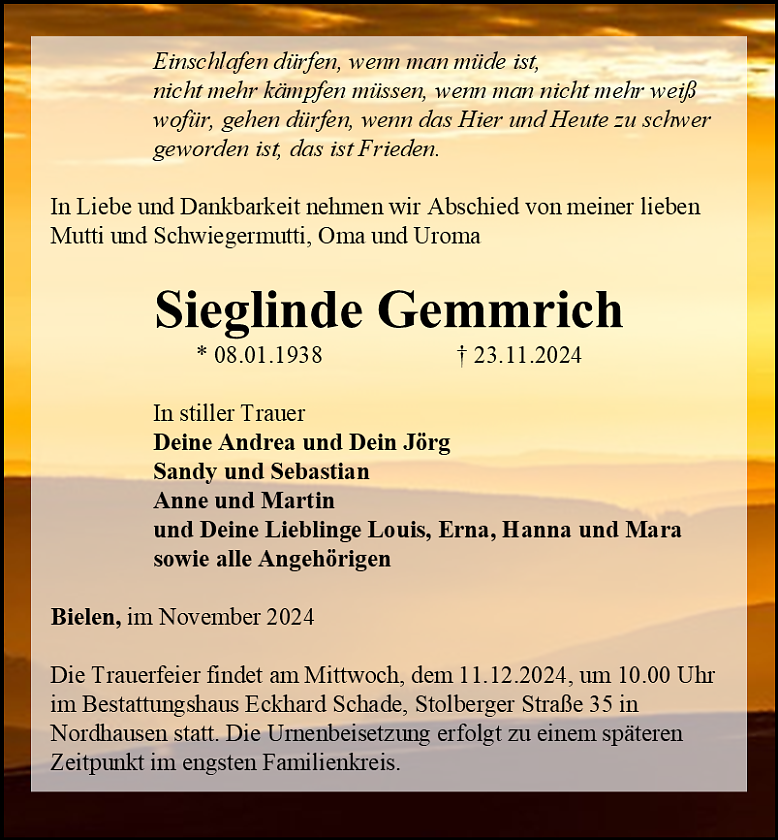 Traueranzeige (Foto: Bestattungshaus Eckhard Schade)