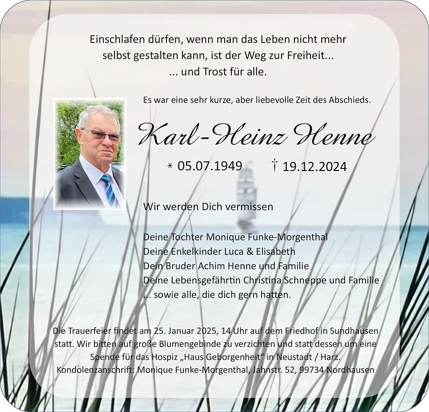 Traueranzeige Karl-Heinz Henne (Foto: Amalia Bestattungen)