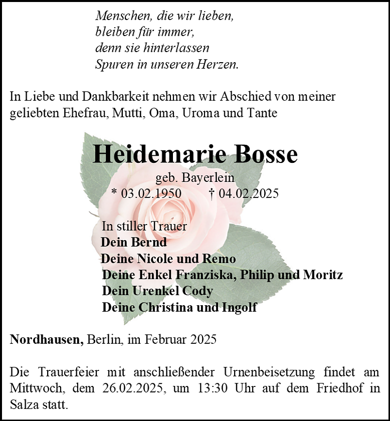 Traueranzeige (Foto: Bestattungshaus Eckhard Schade)