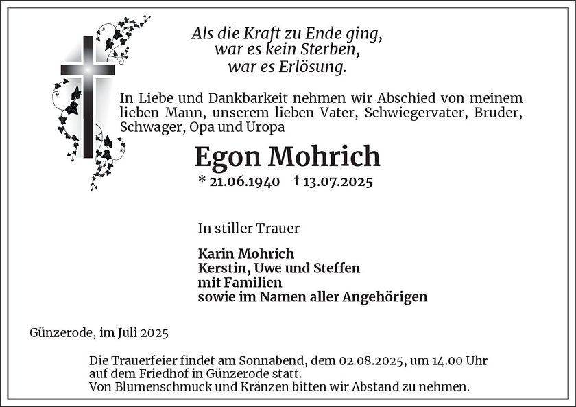 Traueranzeige (Foto: Bestattungsinstitut Westerhausen)