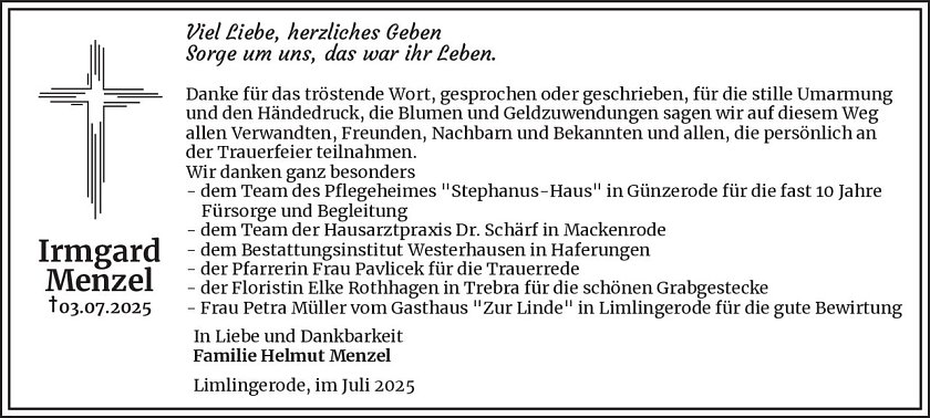 Danksagung (Foto: Bestattungsinstitut Westerhausen)