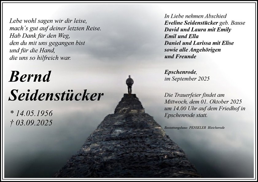 Traueranzeige Bernd Seidenst&uuml;cker (Foto: Bestattungshaus PENSELER)
