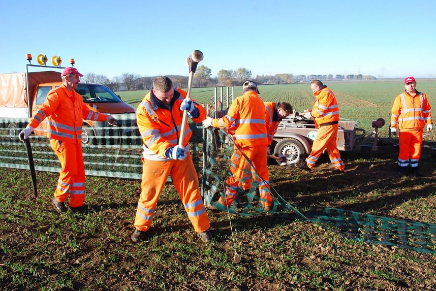 Ein Gewusel. Die Arbeiten gehen z&uuml;gig voran. Die M&auml;nner wollen das gute Wetter zum Setzen der Schneez&auml;une ausnutzen. 