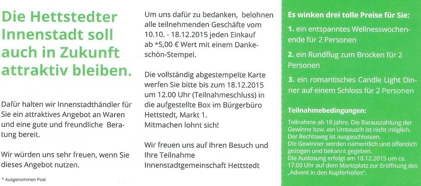 R&uuml;ckseite der Dankesch&ouml;n-Stempelkarte der Hettstedter Innenstadtgemeinschaft. Aufgrund gro&szlig;er Nachfrage ging sie aus. Nachschub ist in Sicht. 